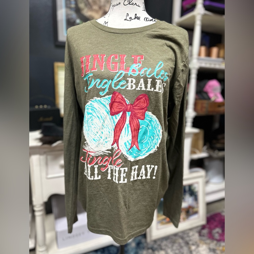 Olive Green Kids Jingle Bells Long Sleeve Shirt